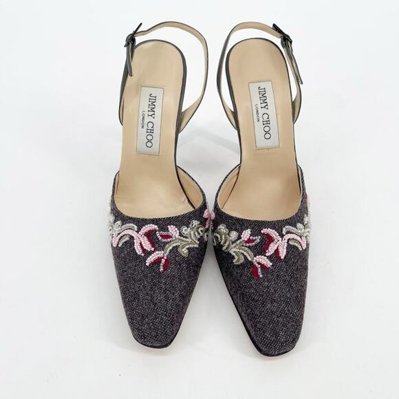 Vintage Jimmy Choo Gray Flannel Beaded Floral Embroidered Slingback Heel IT 38.5 - Picture 6 of 13